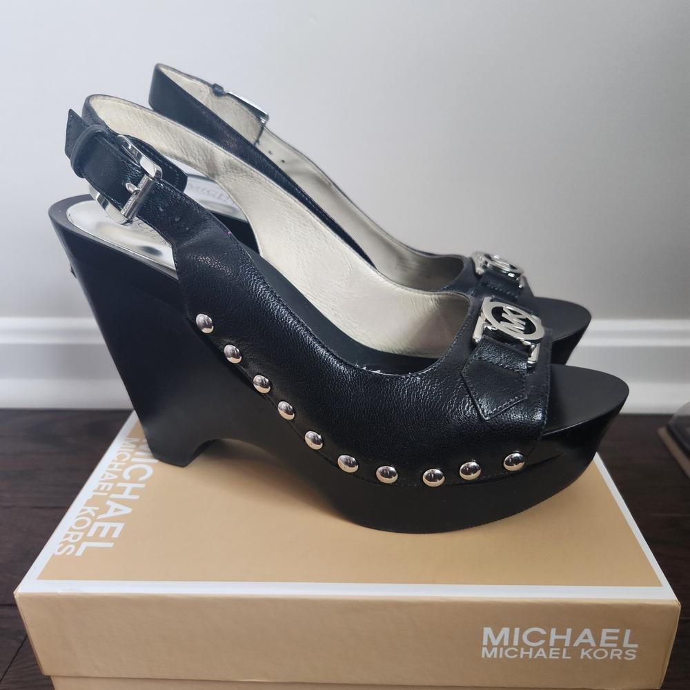 Michael Kors Black Wedge Sandals with Studded Details